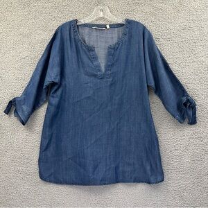 Soft Surrounding Cold Shoulder Tunic Top Chambray Blue Tie Sleeves Women's Small
